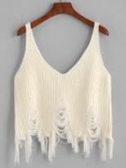 Romwe Beige Ripped Fringe Hem Knit Cami Top