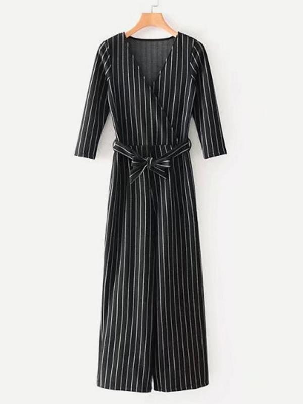 Romwe Self Tie Striped Surplice Jumpsuit