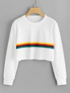 Romwe Contrast Striped Raw Hem Crop Sweatshirt