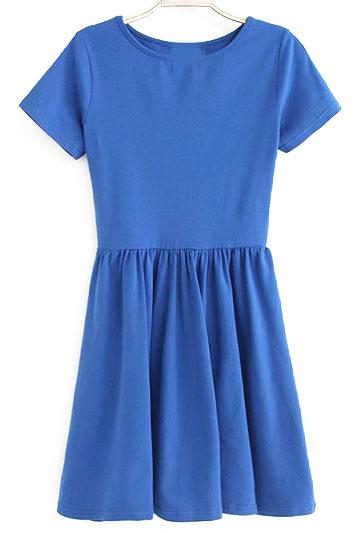 Romwe Round Neck Pleated Slim Blue Dress