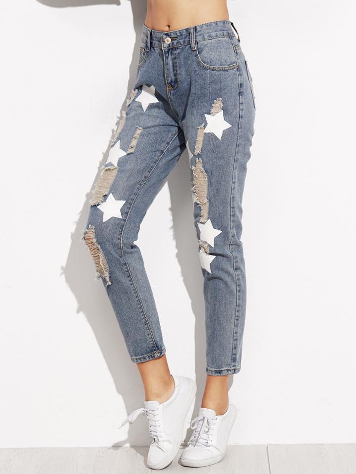 Romwe Blue Star Pattern Ripped Denim Pants