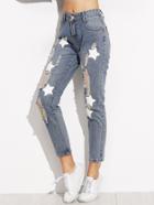 Romwe Blue Star Pattern Ripped Denim Pants
