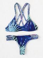 Romwe Tropical Print Braided Detail Strappy Back Bikini Set
