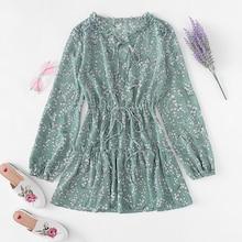 Romwe Tie Neck Drawstring Floral Dress