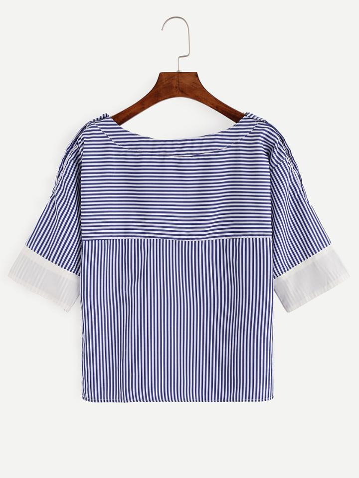 Romwe Blue Contrast Striped Blouse