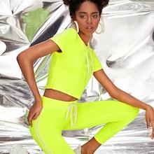Romwe Neon Yellow Drawstring Hooded Tee With Side Striped Leggings