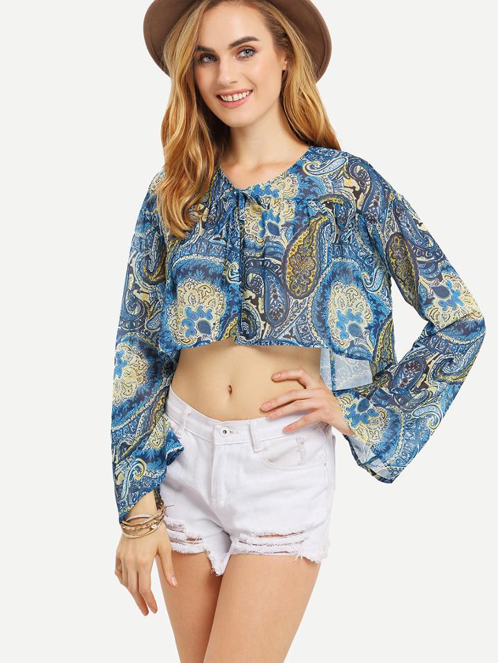 Romwe Tie-neck Paisley Print Crop Top