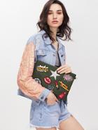 Romwe Army Green Embroidered Patches Zip Closure Crossbody Bag
