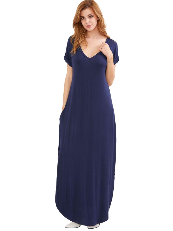 Romwe Royal Blue Rolled-cuff Pockets Split Maxi Dress