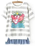 Romwe Contrast Hem Striped Lion Print Grey T-shirt