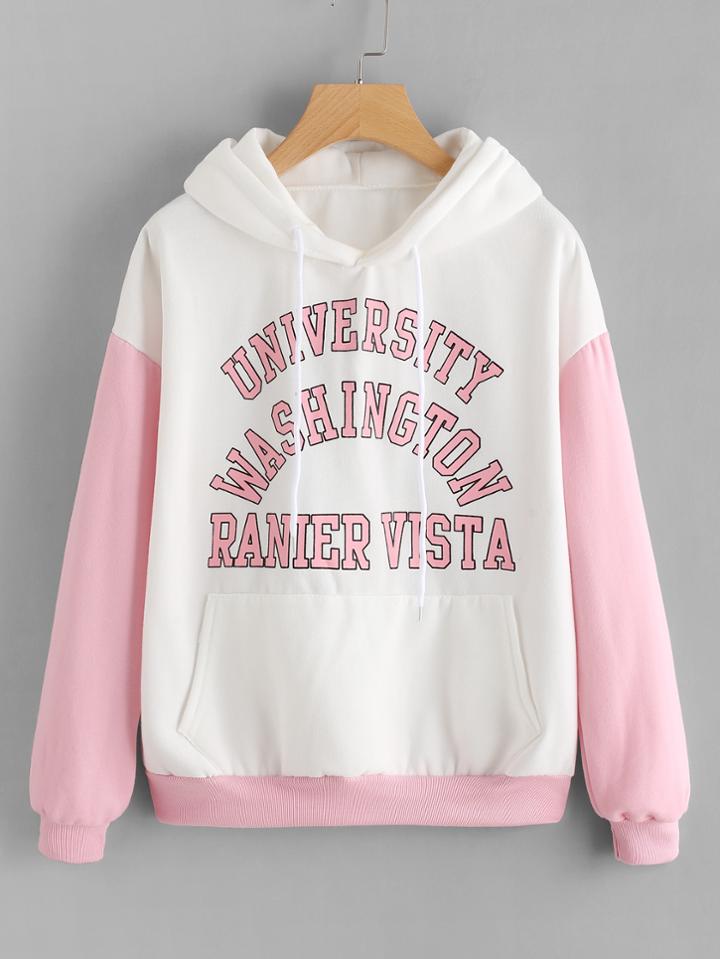 Romwe Contrast Sleeve Slogan Print Hoodie