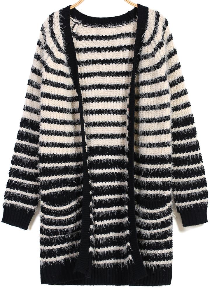 Romwe Striped Pockets Black And Apricot Cardigan