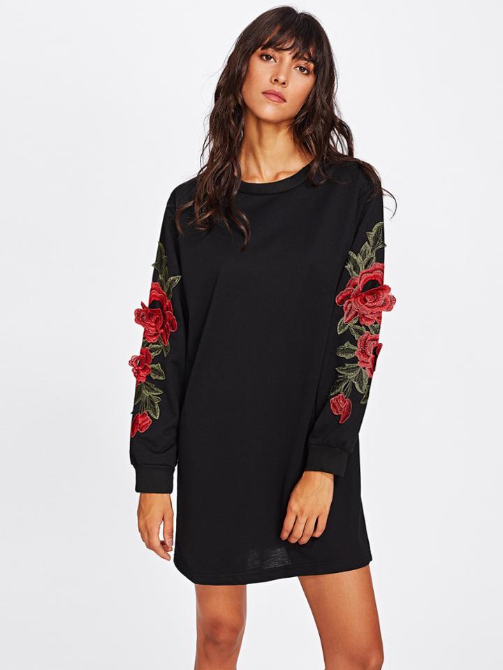 Romwe Rose Embroidered Applique Sweatshirt Dress