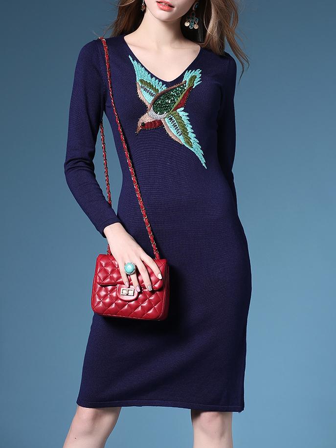 Romwe Navy V Neck Knit Bird Embroidered Dress