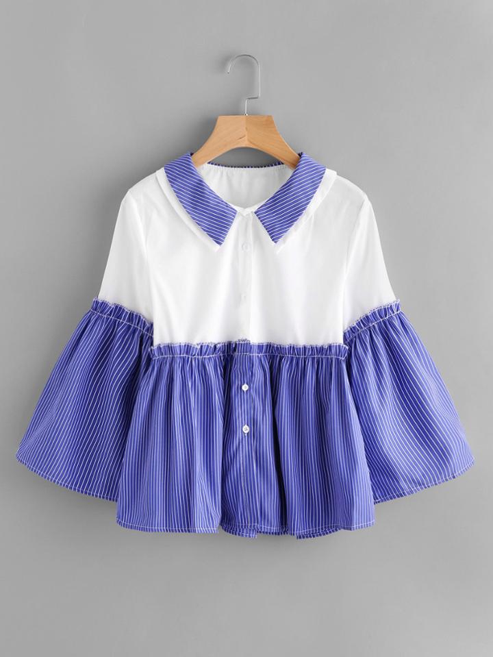 Romwe Double Collar Frill Trim Contrast Shirt