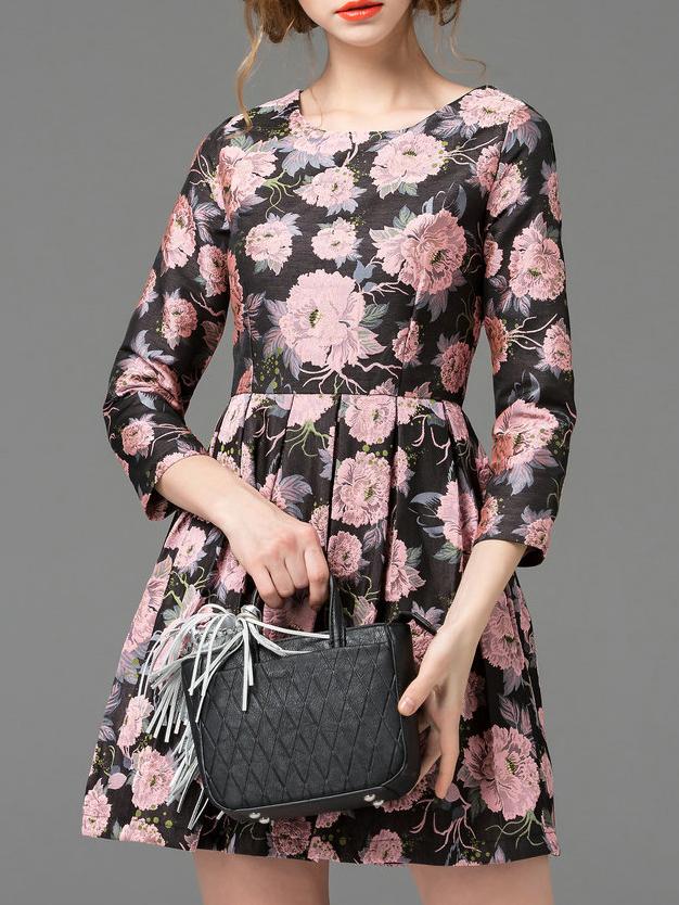 Romwe Black Crew Neck Print Pleated A-line Dress