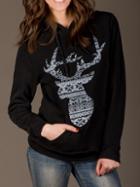 Romwe Hooded Drawstring Deer Print Black Sweatshirt