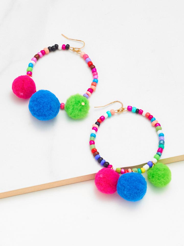 Romwe Pom Pom Decorated Beaded Earrings