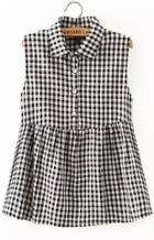 Romwe Lapel With Buttons Plaid Black Tank Top