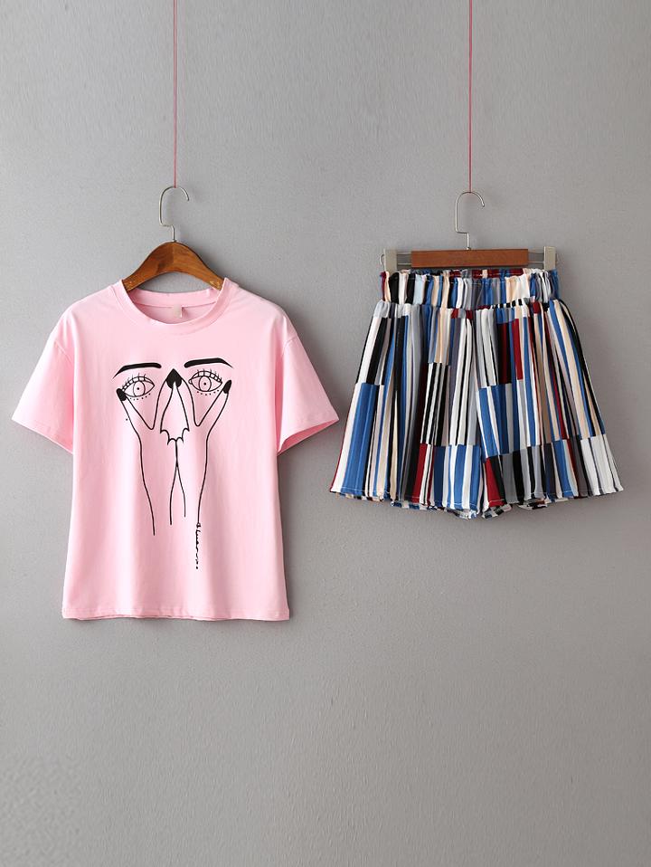 Romwe Pink Printed T-shirt With Multicolor Elastic Waist Shorts