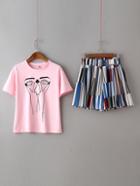 Romwe Pink Printed T-shirt With Multicolor Elastic Waist Shorts