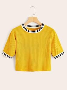 Romwe Striped Panel Ribbed Tee