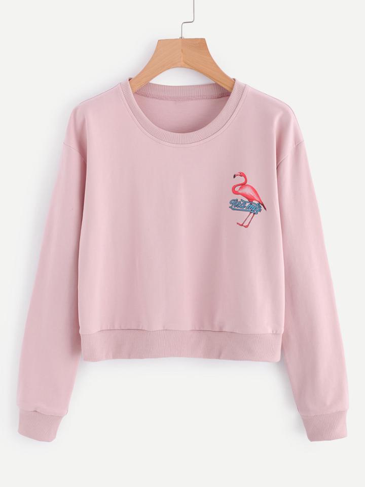 Romwe Flamingo Print Round Neck Sweatshirt