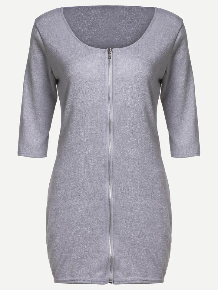 Romwe Grey Zipper Front Sheath Dress