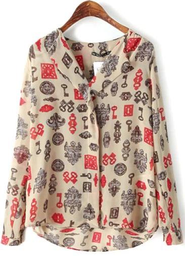 Romwe Apricot Lapel Dipped Hem Key Print Blouse