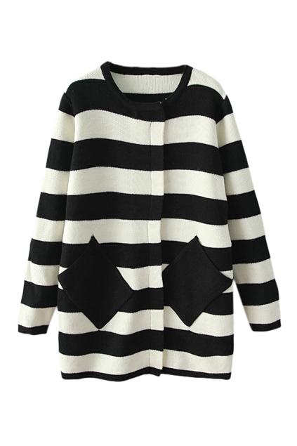 Romwe Striped Pocketed Black Cardigan