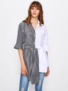 Romwe Contrast Striped Self Tie Waist Asymmetric Hem Shirt