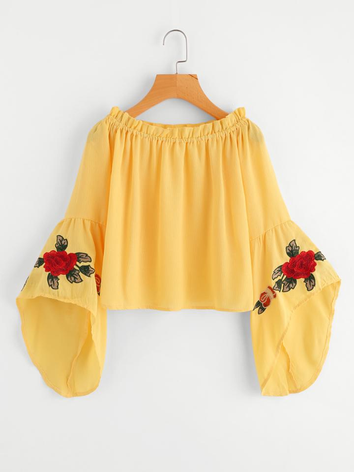 Romwe Frill Trim Fluted Sleeve Embroidery Top