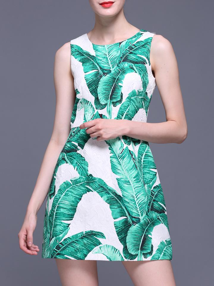 Romwe White Green Leaves Jacquard A-line Dress