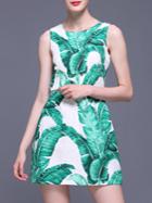 Romwe White Green Leaves Jacquard A-line Dress
