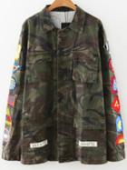 Romwe Army Green Patch Detail Camouflage Coat With Pockets