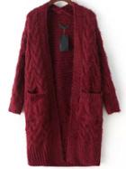 Romwe Red Long Sleeve Cable Knit Pockets Cardigan