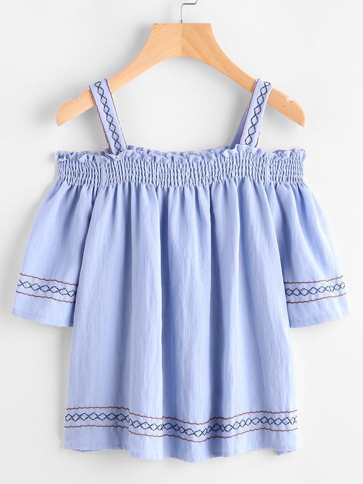 Romwe Open Shoulder Shirred Embroidered Geo Blouse