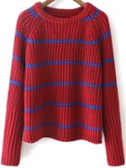 Romwe Bat Sleeve Striped Wine Red Sweater