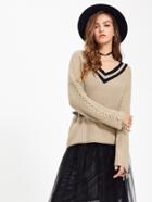 Romwe Striped Neck Lace Up Sleeve Jumper