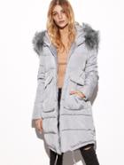 Romwe Drawstring Hooded Padded Coat With Removable Faux Fur Trim