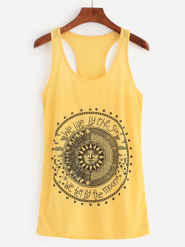 Romwe Yellow Sun Print Tank Top