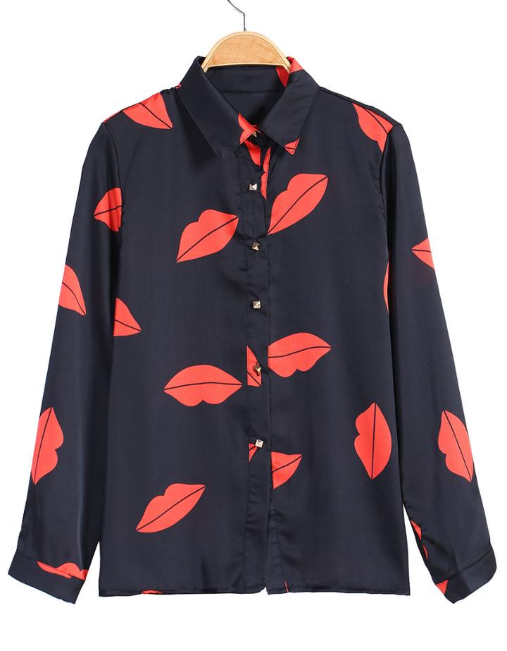 Romwe Lips Print Loose Chiffon Blouse