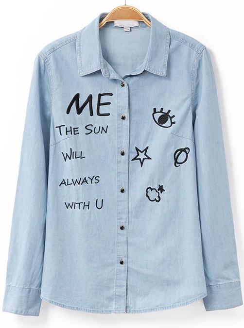 Romwe Letter Embroidered Denim Blue Blouse