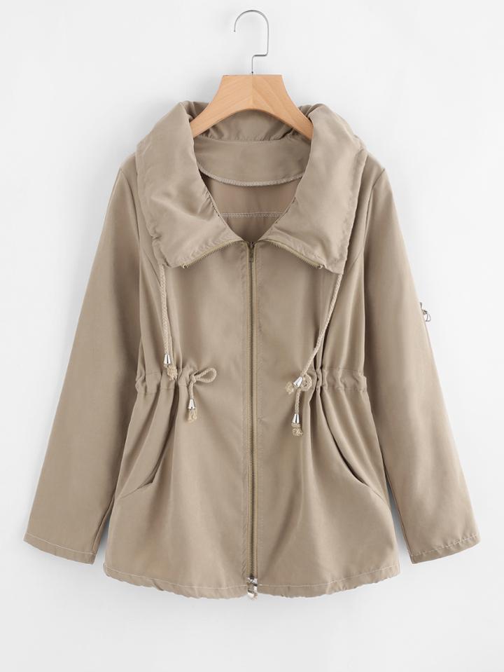 Romwe Drawstring Waist Zip Up Coat