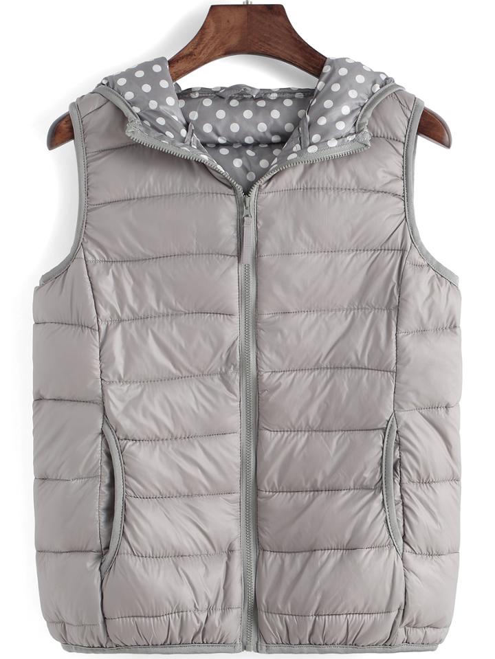Romwe Hooded Zipper Polka Dot Vest