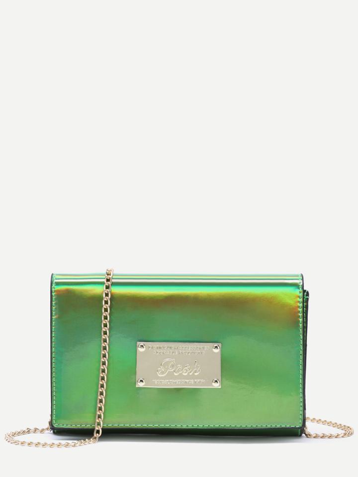 Romwe Green Metal Embellished Hologram Laser Cultch Bag