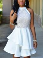 Romwe Racer Necke Lace Applique Layered Skater Dress