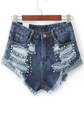 Romwe Blue Ripped Rivet Detail Denim Shorts