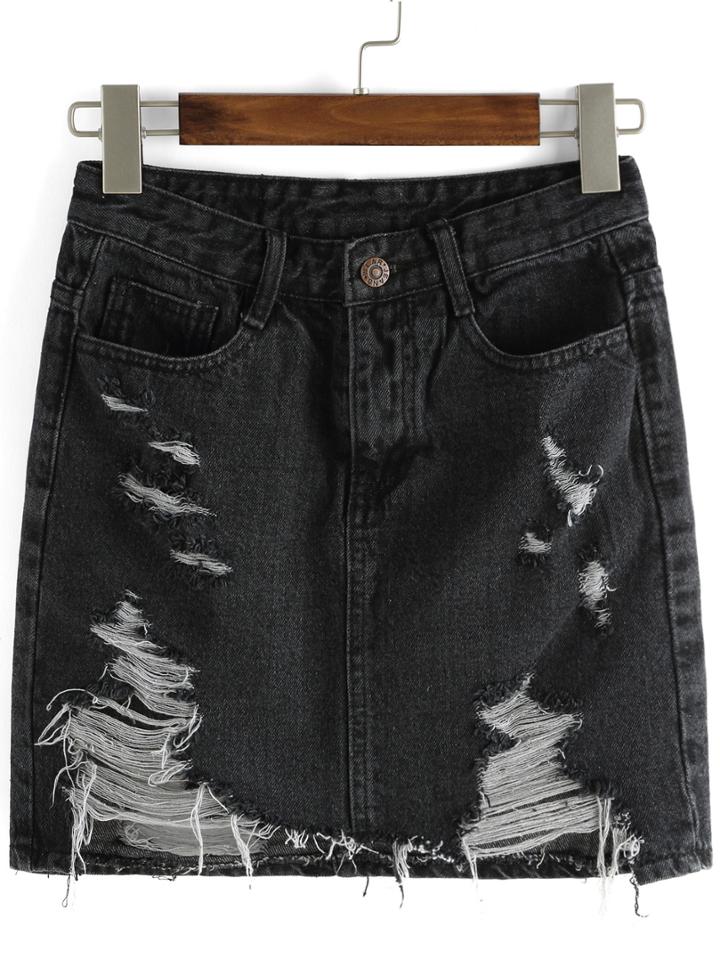 Romwe Ripped Denim Skinny Black Skirt