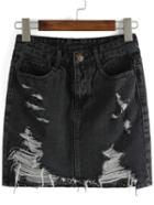 Romwe Ripped Denim Skinny Black Skirt